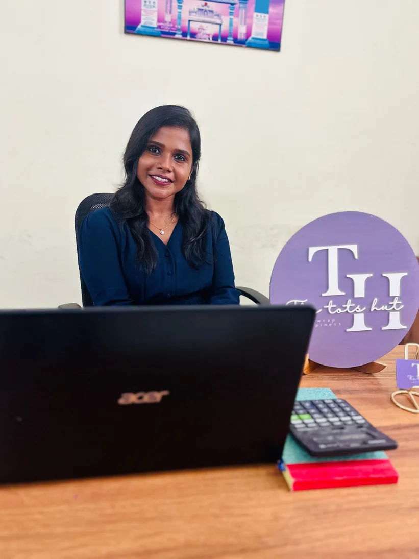 Sangeetha Murugesan, founder of The Tots Hut, at her studio desk in Chennai