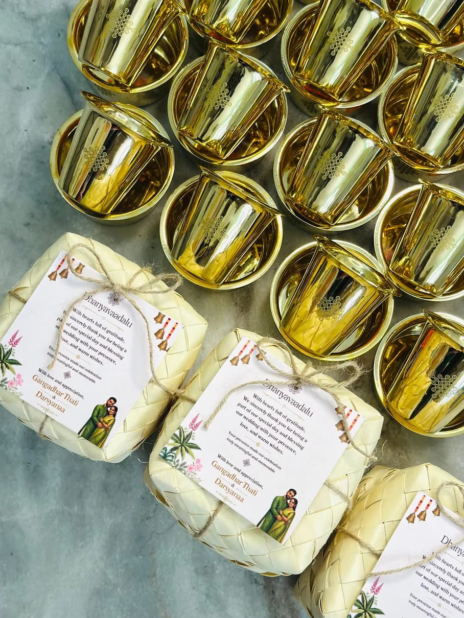 Palm-leaf boxes tied with jute for a wedding